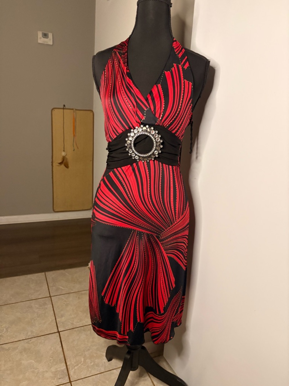 Red & Black Halter Midi Dress with Decorative Waist Accent